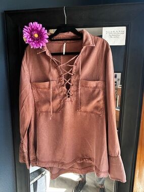 Free People Deep Cut Lace-Up Chest Pocket Blouse - Rust